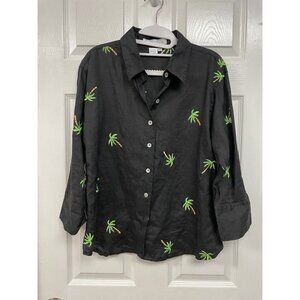 CASEY COLEMAN Black LINEN Button Shirt Medium Embroidered Palm Trees Roll Sleeve